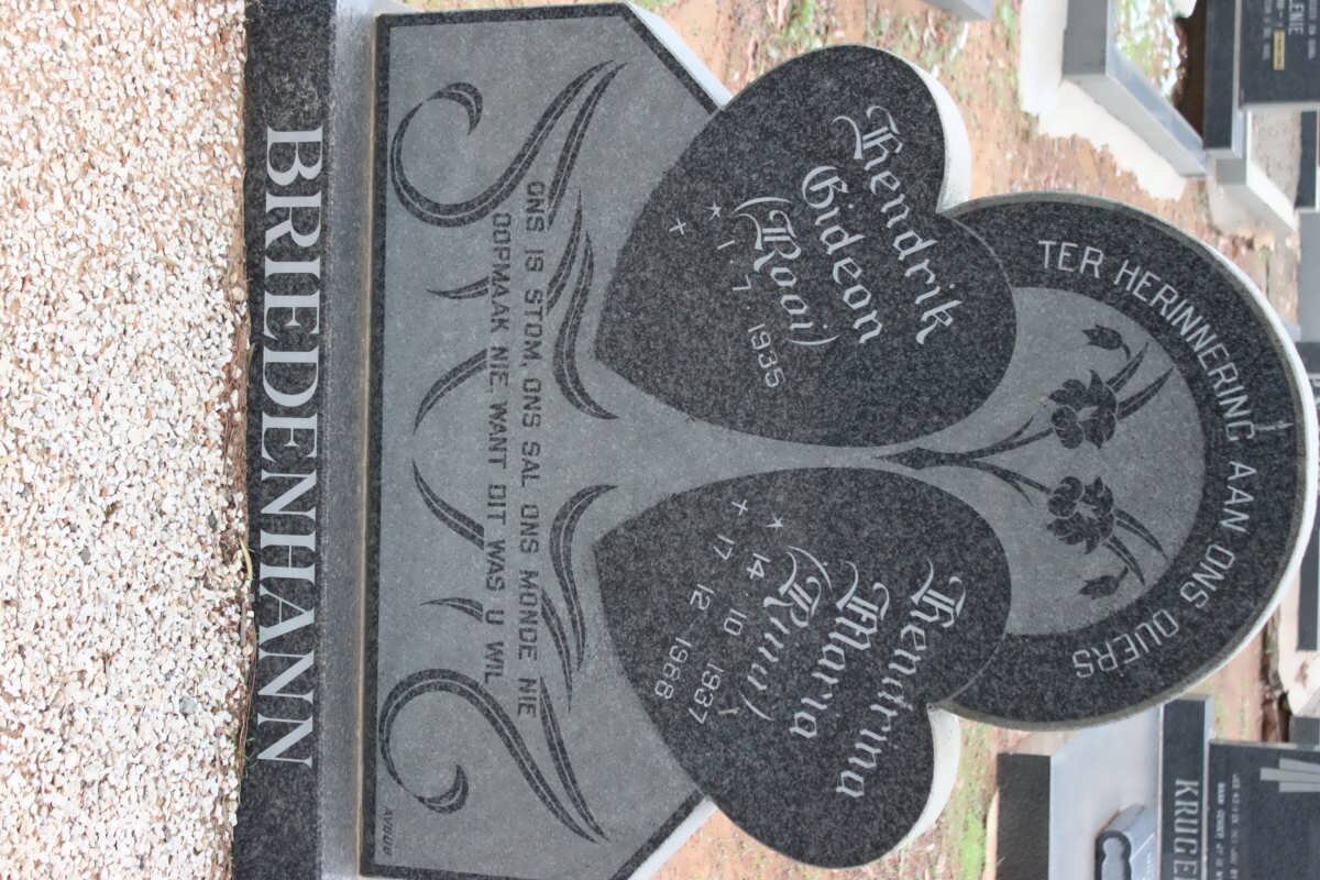 BRIEDENHANN Hendrik Gideon 1935- &amp; Hendrina Maria 1937-1988