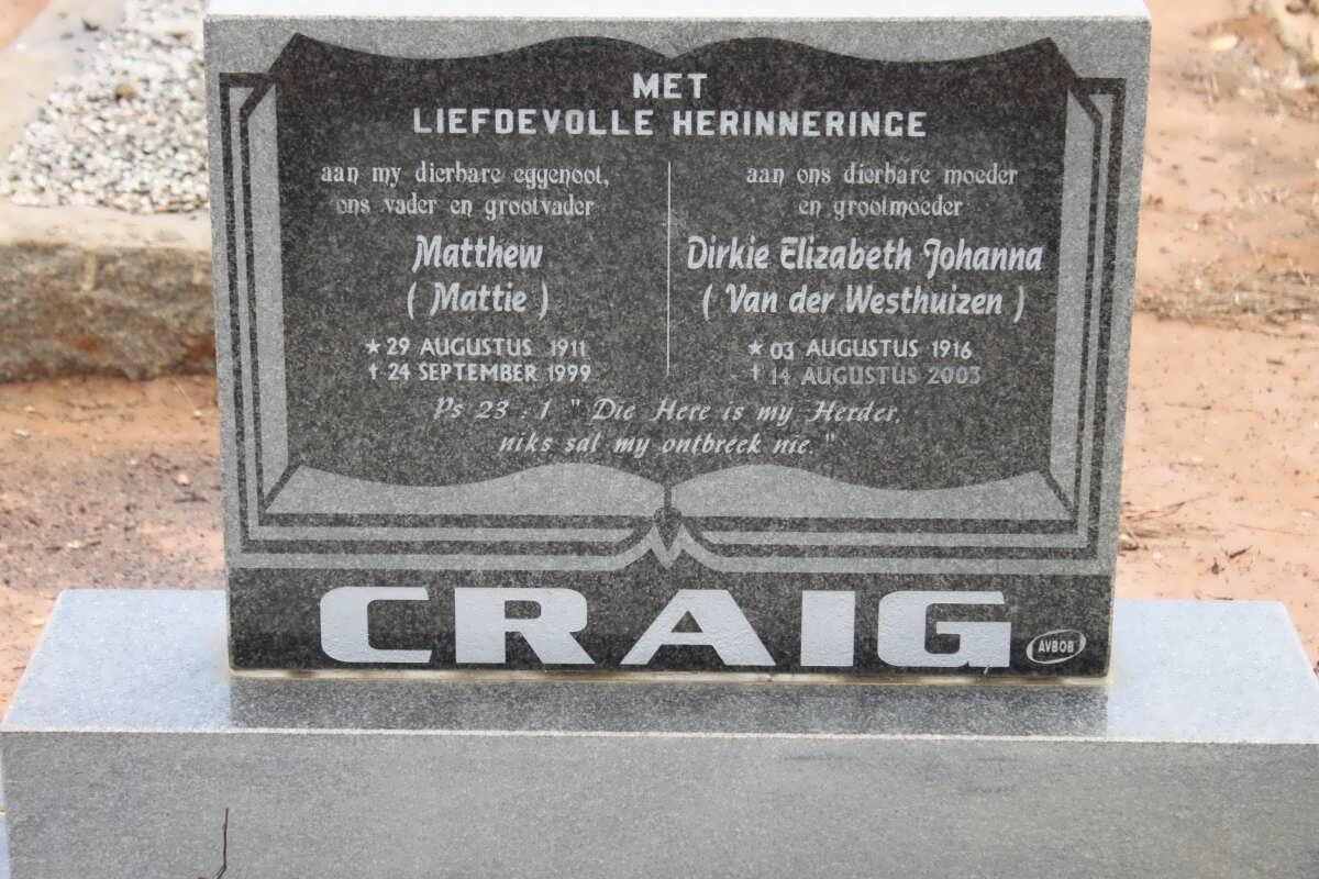 CRAIG Matthew 1911-1999 &amp; Dirkie Elizabeth Johanna VAN DER WESTHUIZEN 1916-2003