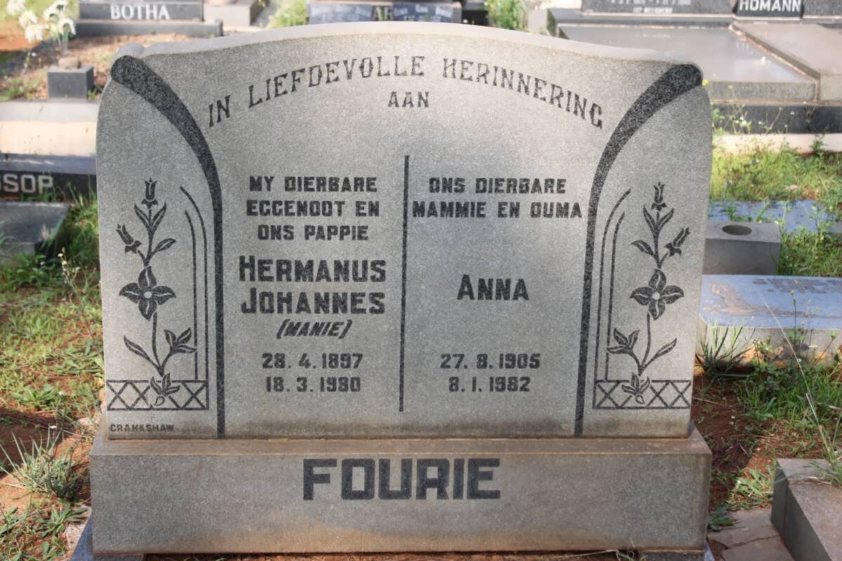 FOURIE Hermanus Johannes 1897-1980 &amp; Anna 1905-1982