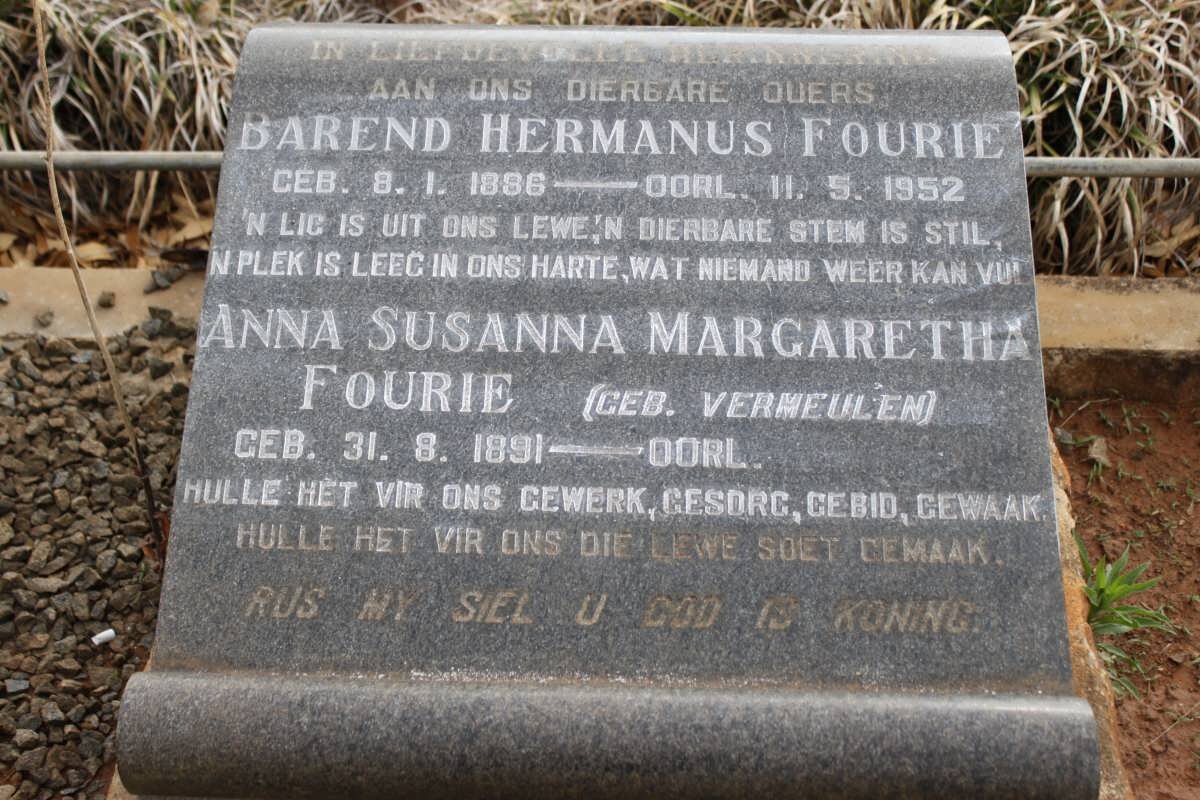 FOURIE Barend Hermanus 1886-1952 &amp; Anna Susanna Margaretha VERMEULEN 1891-