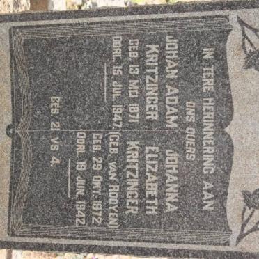 KRITZINGER Johan Adam 1871-1947 &amp; Johanna Elizabeth VAN ROOYEN 1872-1942