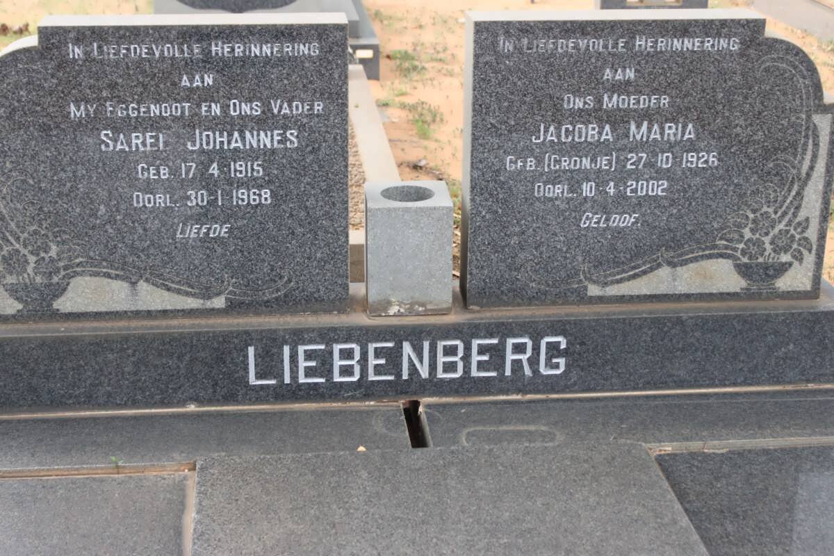 LIEBENBERG Sarel Johannes 1915-1968 &amp; Jacoba Maria CRONJE 1926-2002