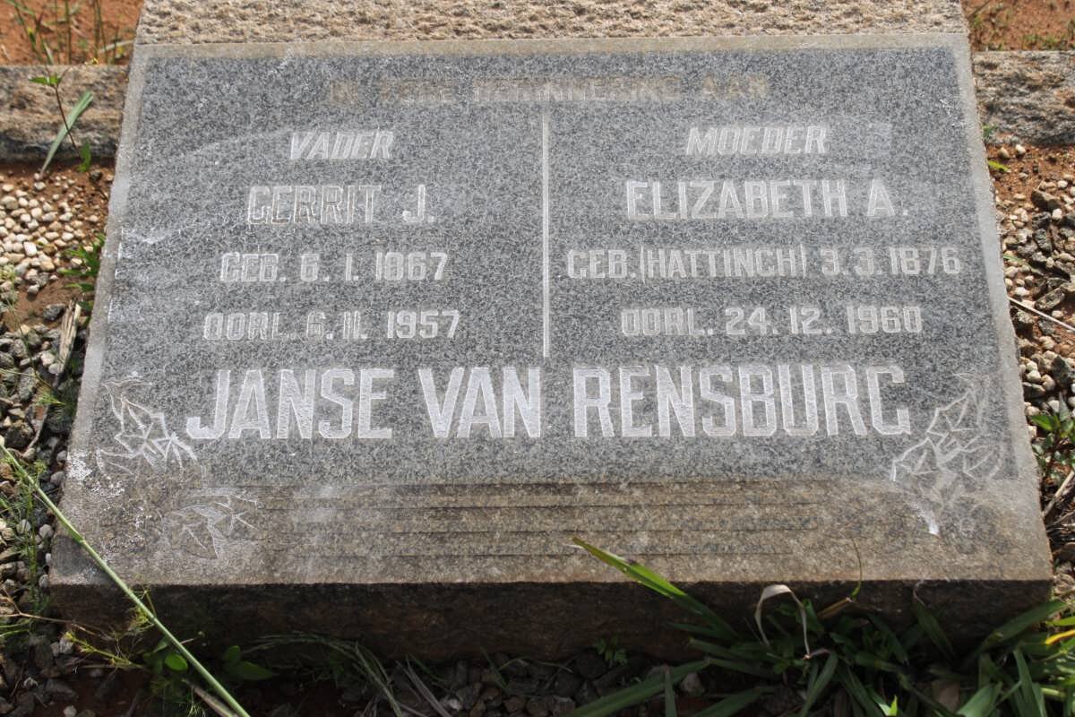 RENSBURG Gerrit J., Janse van 1867-1957 &amp; Elizabeth A. HATTINGH 1876-1960