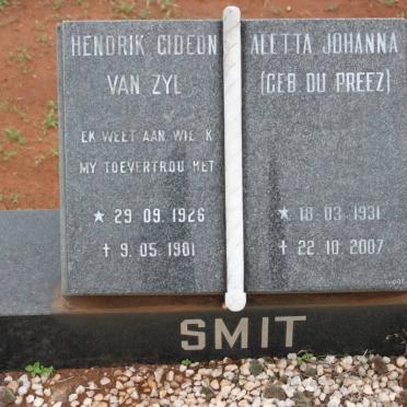SMIT Hendrik Gideon Van Zyl 1926-1981 &amp; Aletta Johanna DU PREEZ 1931-2007
