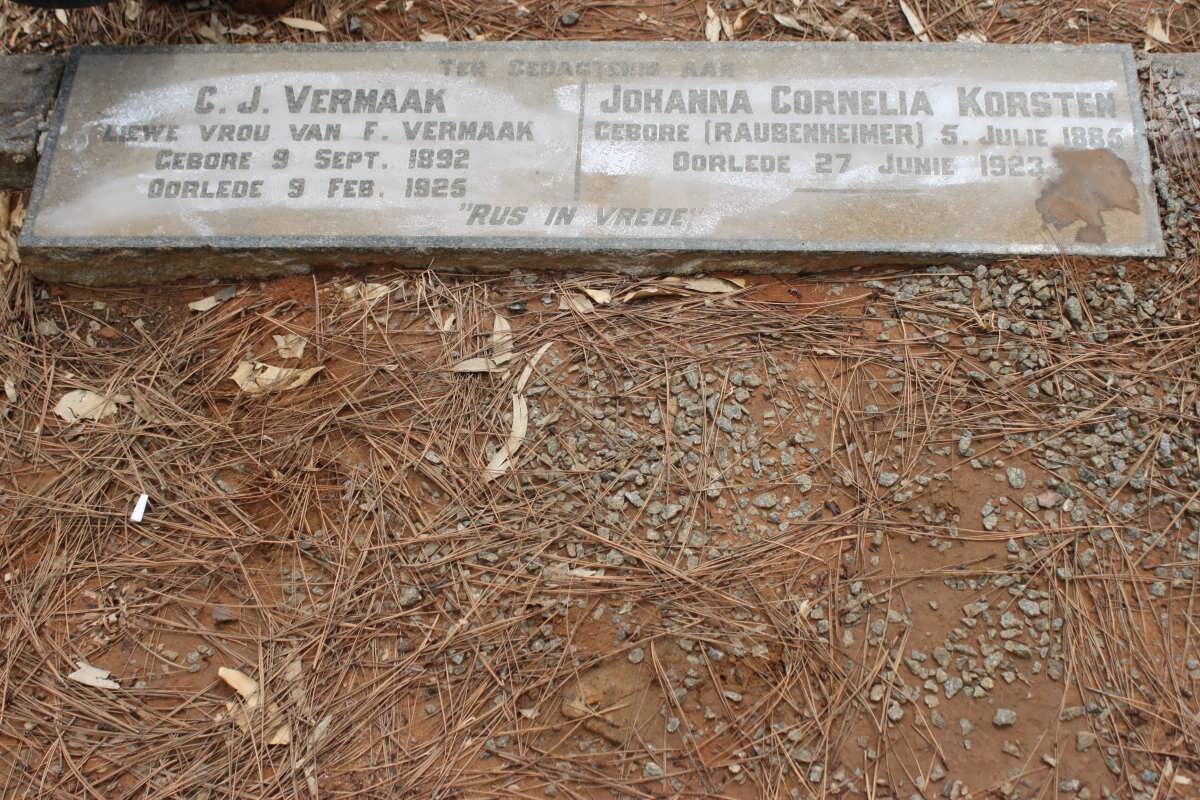 VERMAAK C.J. 1892-1925 :: KORSTEN Johanna Cornelia nee RAUBENHEIMER 1885-1923