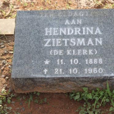 ZIETSMAN Hendrina nee DE KLERK 1888-1960
