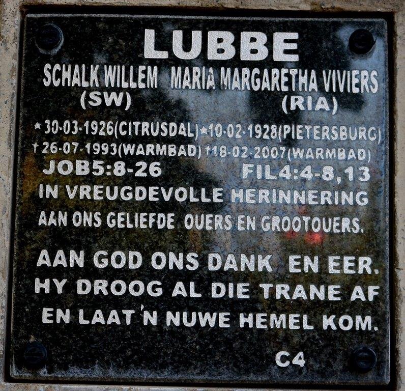 LUBBE Schalk Willem 1926-1993 &amp; Maria Margaretha VIVIERS 1928-2007