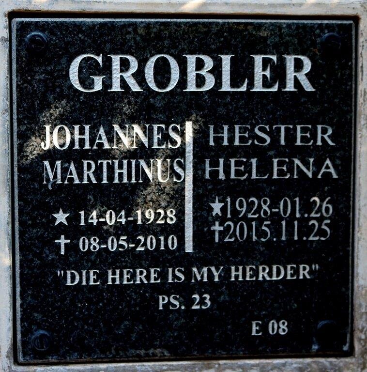 GROBLER Johannes Marthinus 1928-2010 &amp; Hester Helena 1928-2015