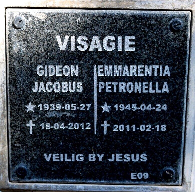 VISAGIE Gideon Jacobus 1939-2012 &amp; Emmarentia Petronella 1945-2011