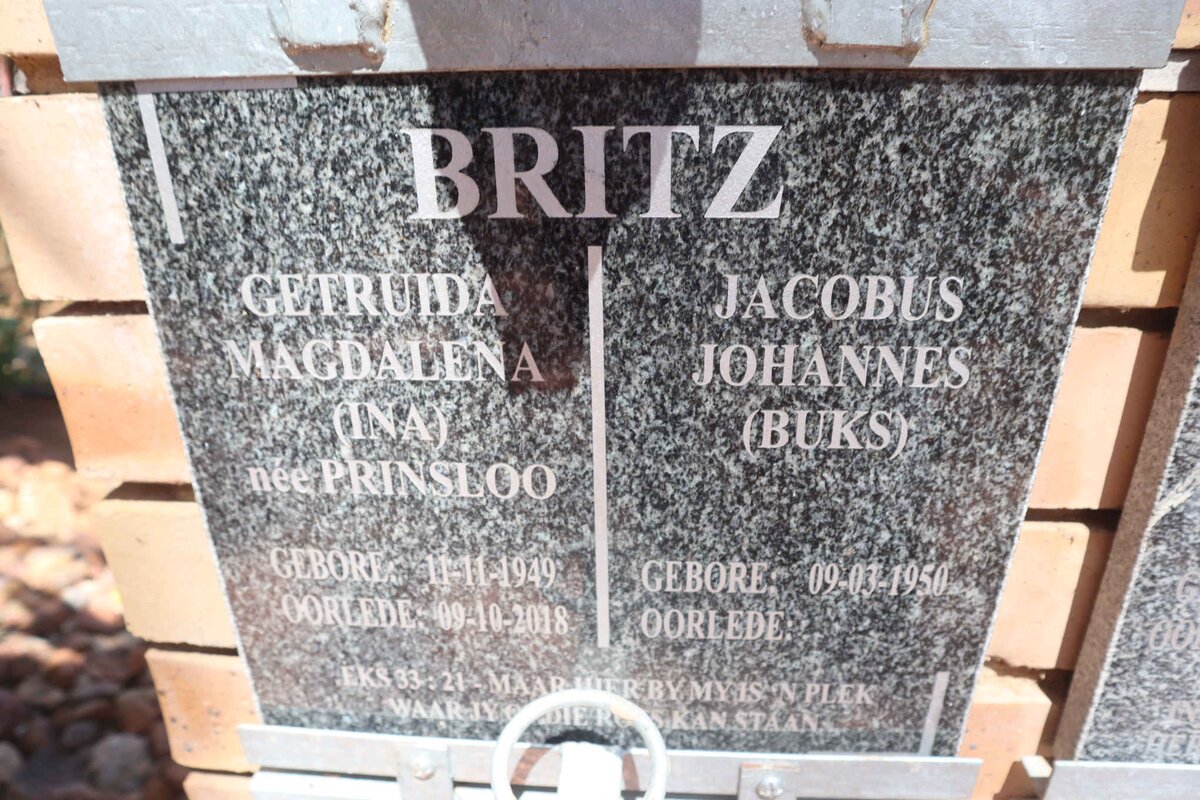 BRITZ Jacobus Johannes 1950- &amp; Getruida Magdalena PRINSLOO 1949-2018