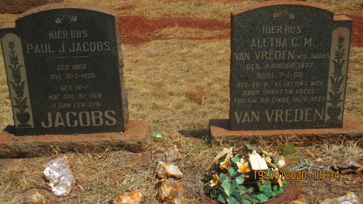 JACOBS Paul J. 1868-1920 &amp; Aletha C.M. VAN VREDEN voorheen JACOBS nee KRUGER 1877-1960