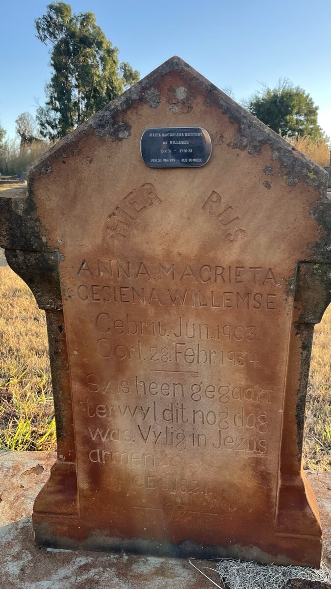 WILLEMSE Anna Magrieta Gesiena 1903-1934 :: MOSTERT Maria Magrieta nee WILLEMSE 1931-1983