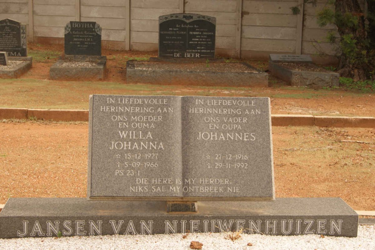 NIEUWENHUIZEN Johannes, Jansen van 1916-1992 &amp; Willa Johanna 1927-1966