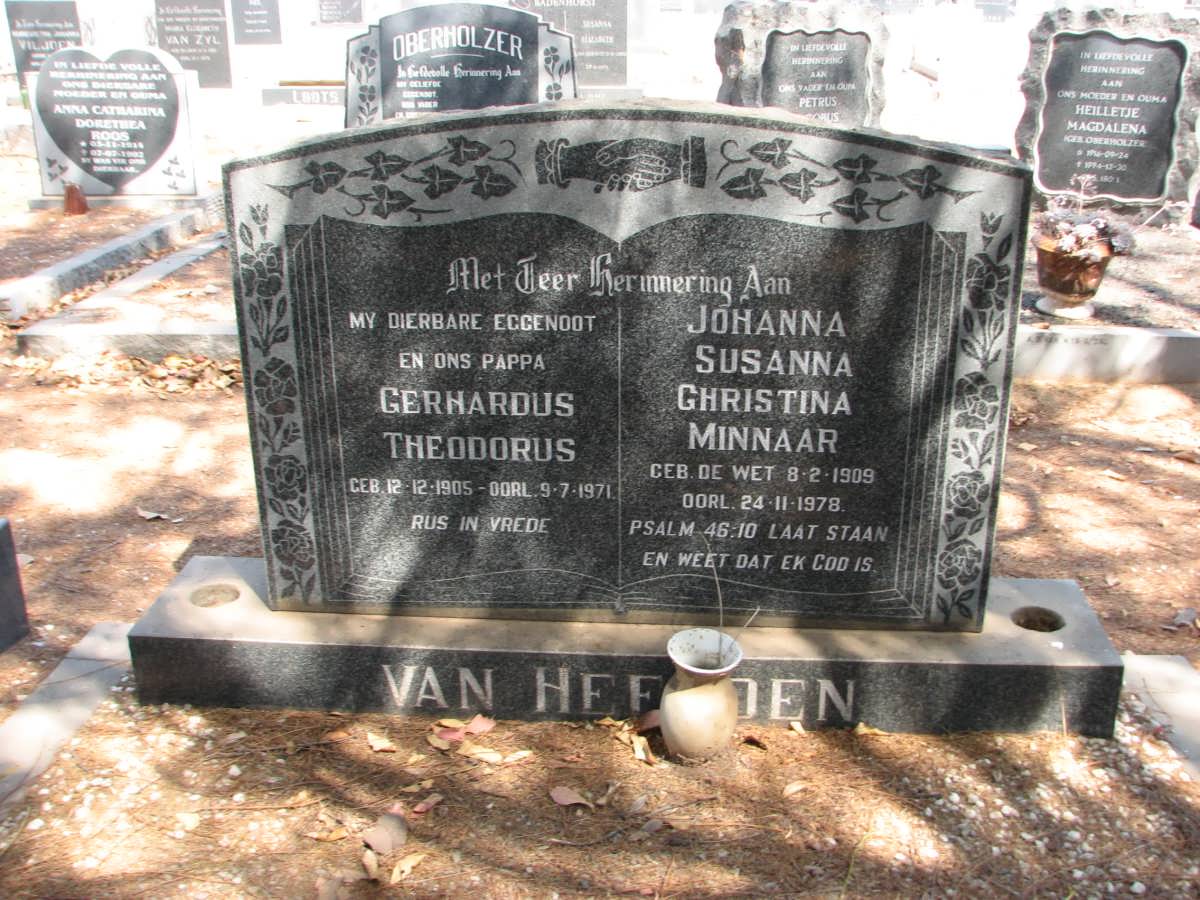 HEERDEN Gerhardus Theodorus, van 1905-1971 &amp; Johanna Susanna Christina Minnaar DE WET 1909-1978