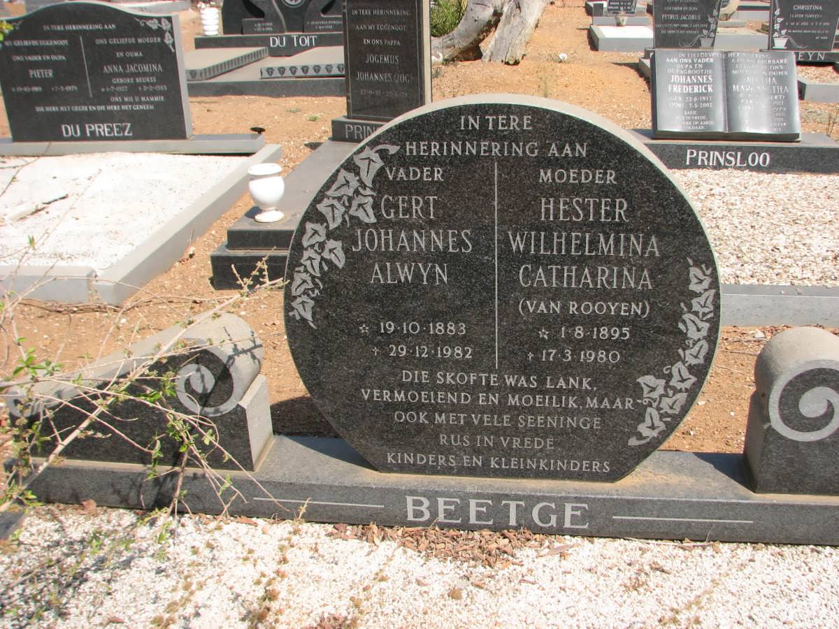 BEETGE Gert Johannes Alwyn 1883-1982 &amp; Hester Wilhelmina Catharina VAN ROOYEN 1895-1980