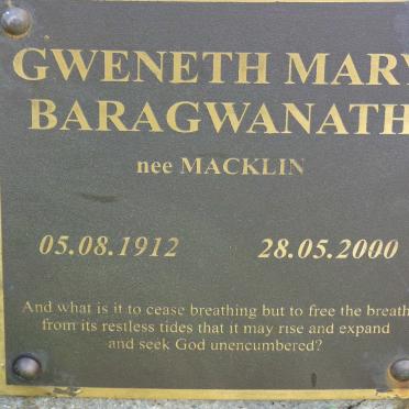 BARAGWANATH Gweneth Mary nee MACKLIN 1912-2000