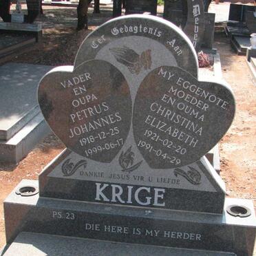 KRIGE Petrus Johannes 1918-1999 &amp; Christina Elizabeth 1921-1991