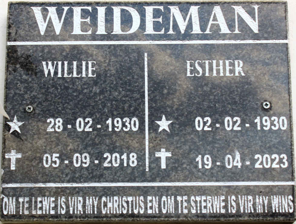 WEIDEMAN Willie 1930-2018 &amp; Esther 1930-2023