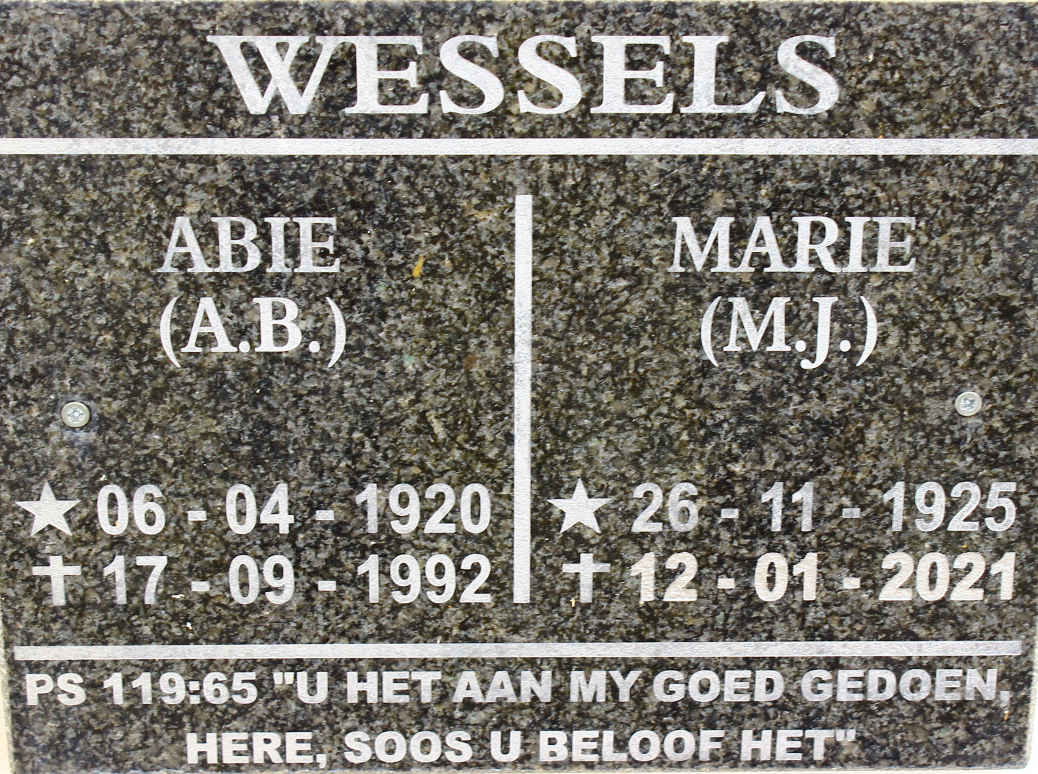 WESSELS A.B. 1920-1992 &amp; M.J. 1923-2021