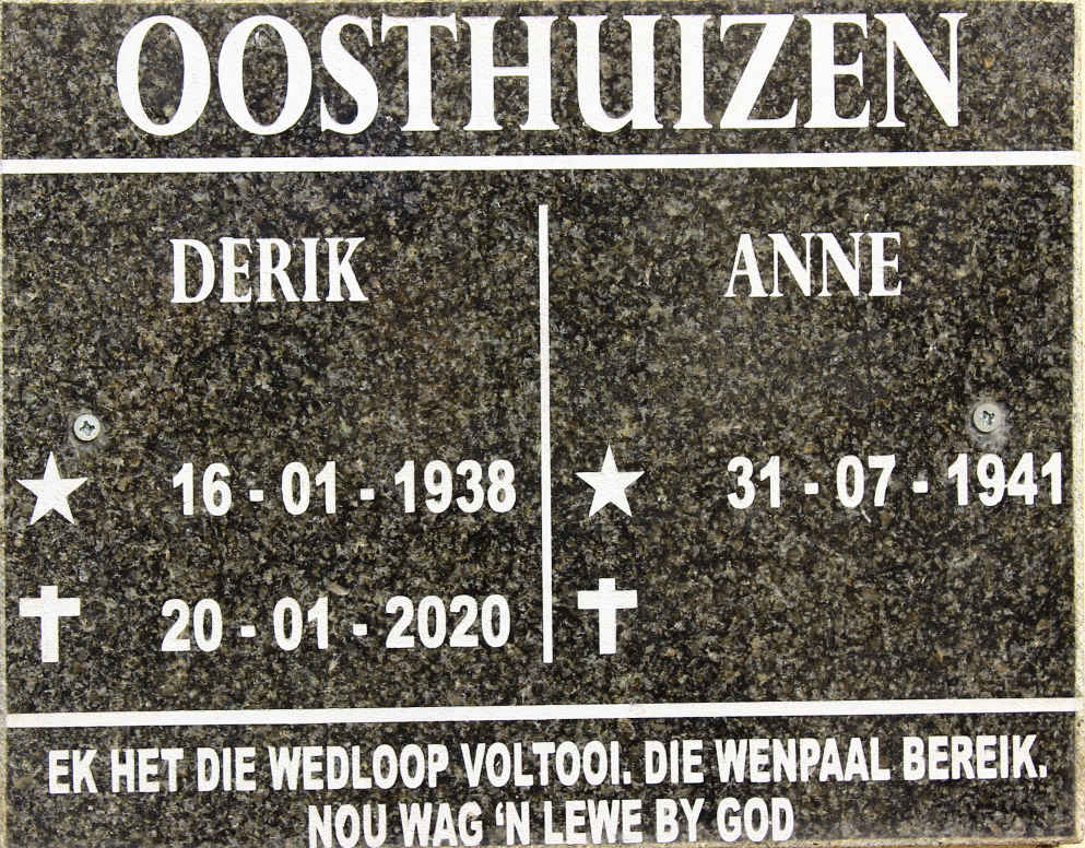 OOSTHUIZEN Derik 1938-2020 &amp; Anne 1941-