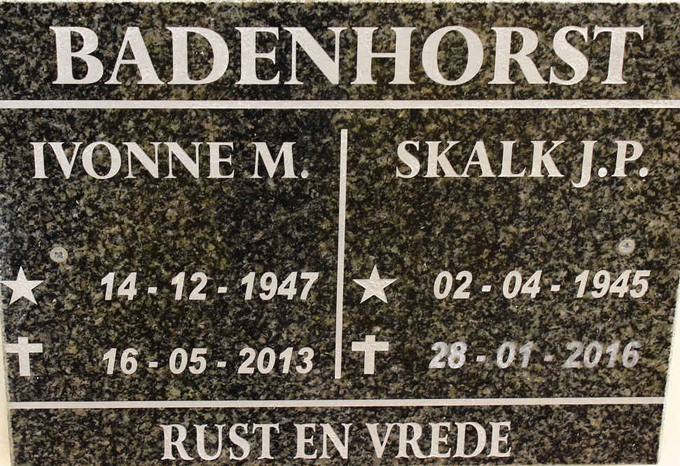 BADENHORST Skalk J.P. 1945-2016 &amp; Ivonne M. 1947-2013