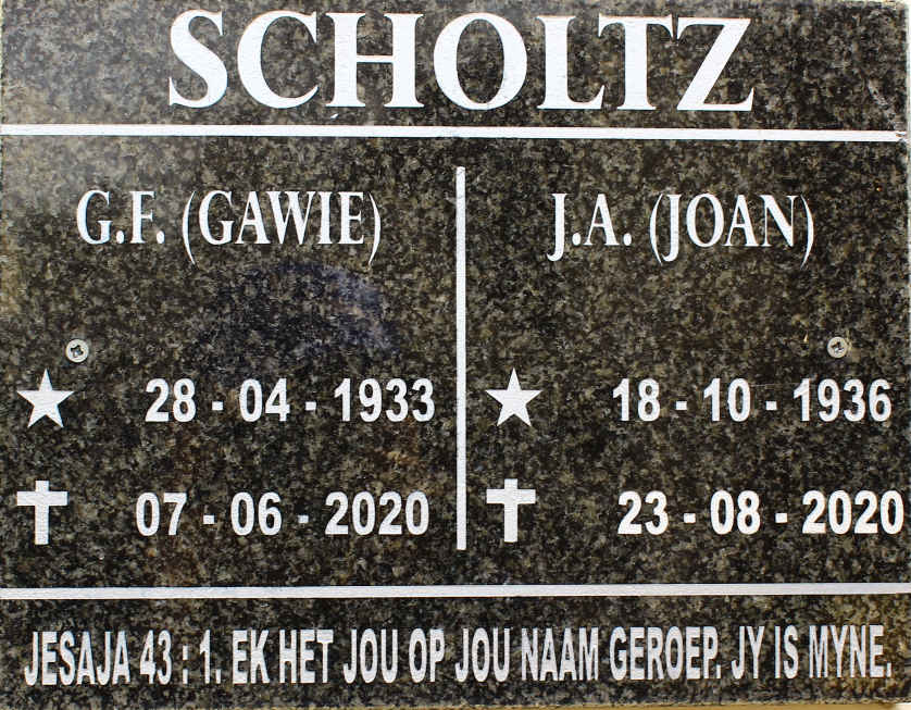 SCHOLTZ G.F. 1933-2020 &amp; J.A. 1936-2020