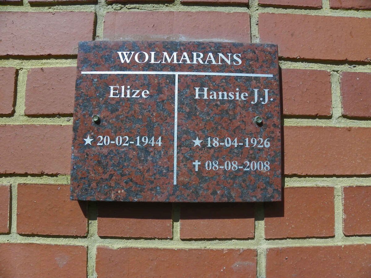 WOLMARANS Hansie J.J. 1926-2008 &amp; Elize 1944-