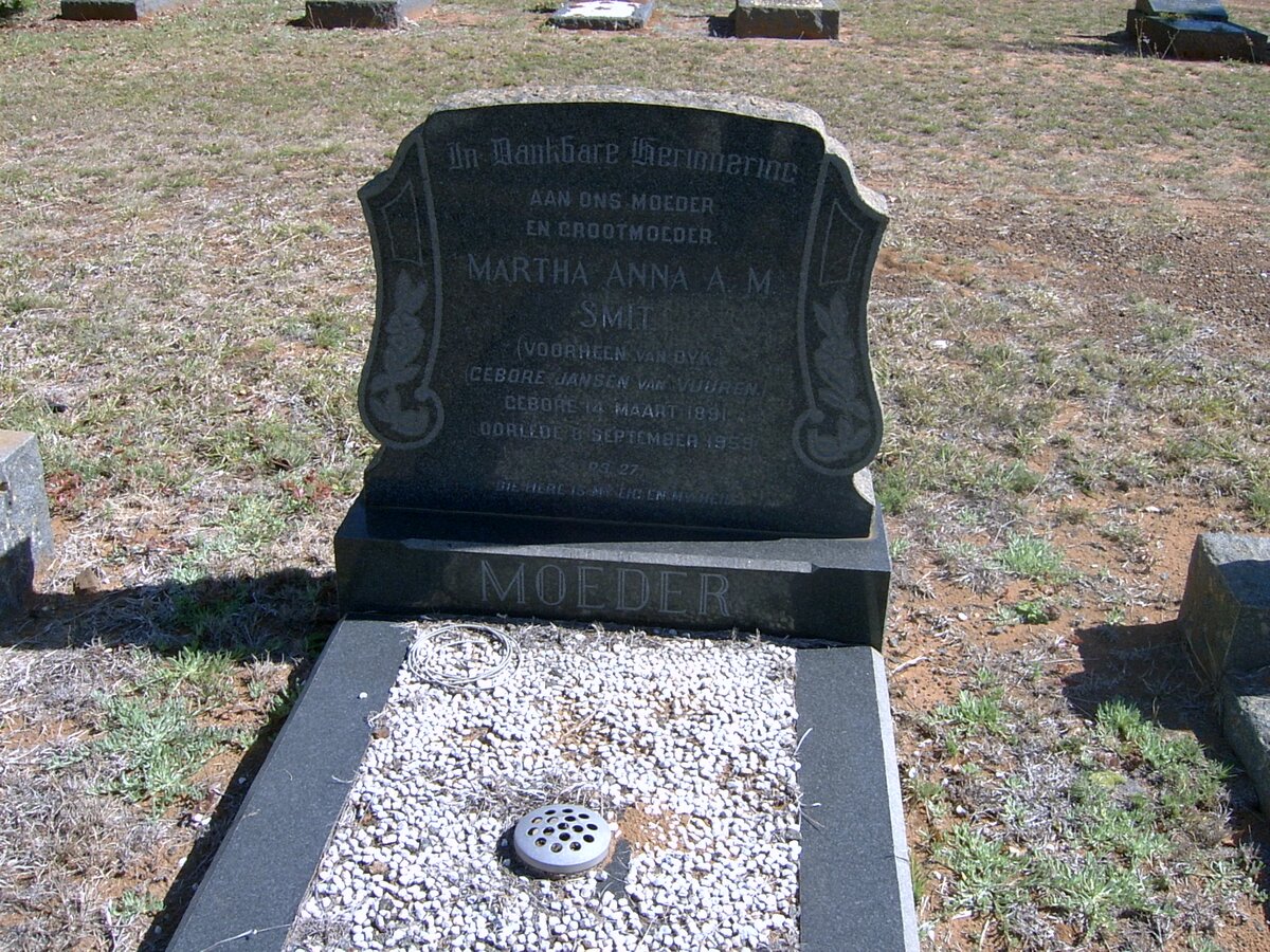 SMIT Martha Anna A.M. voorheen VAN DYK nee JANSEN VAN VUUREN 1891-1959