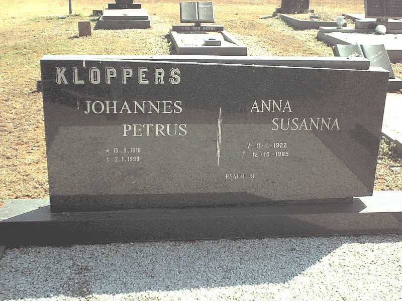 KLOPPER Johannes Petrus 1916-1999 &amp; Anna Susanna 1922-1985