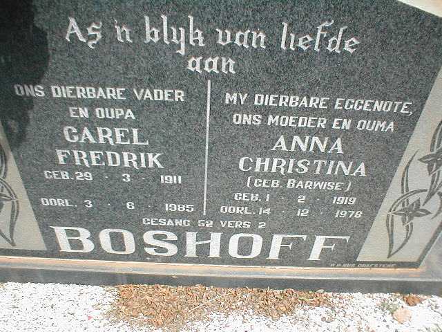 BOSHOFF Carel Fredrik 1911-1985 &amp; Anna Christina BARWISE 1919-1978