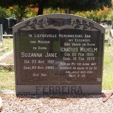 FERREIRA  Ignatius Wilhelm 1901-1972 &amp; Suzanna Jane 1921-2001