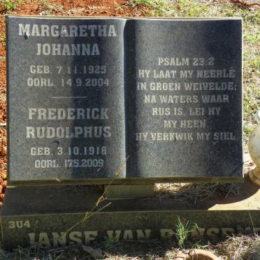 RENSBURG Frederick Rudolphus, Janse van 1918-2009 &amp; Margaretha Johanna 1925-2004