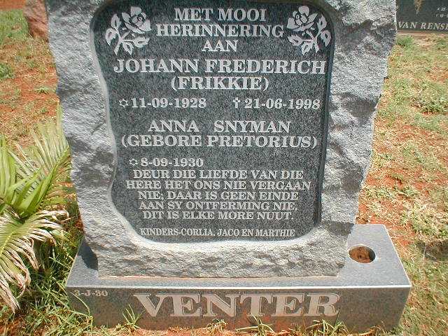 VENTER Johann Frederich 1928-1998 &amp; Anna Snyman PRETORIUS 1930-