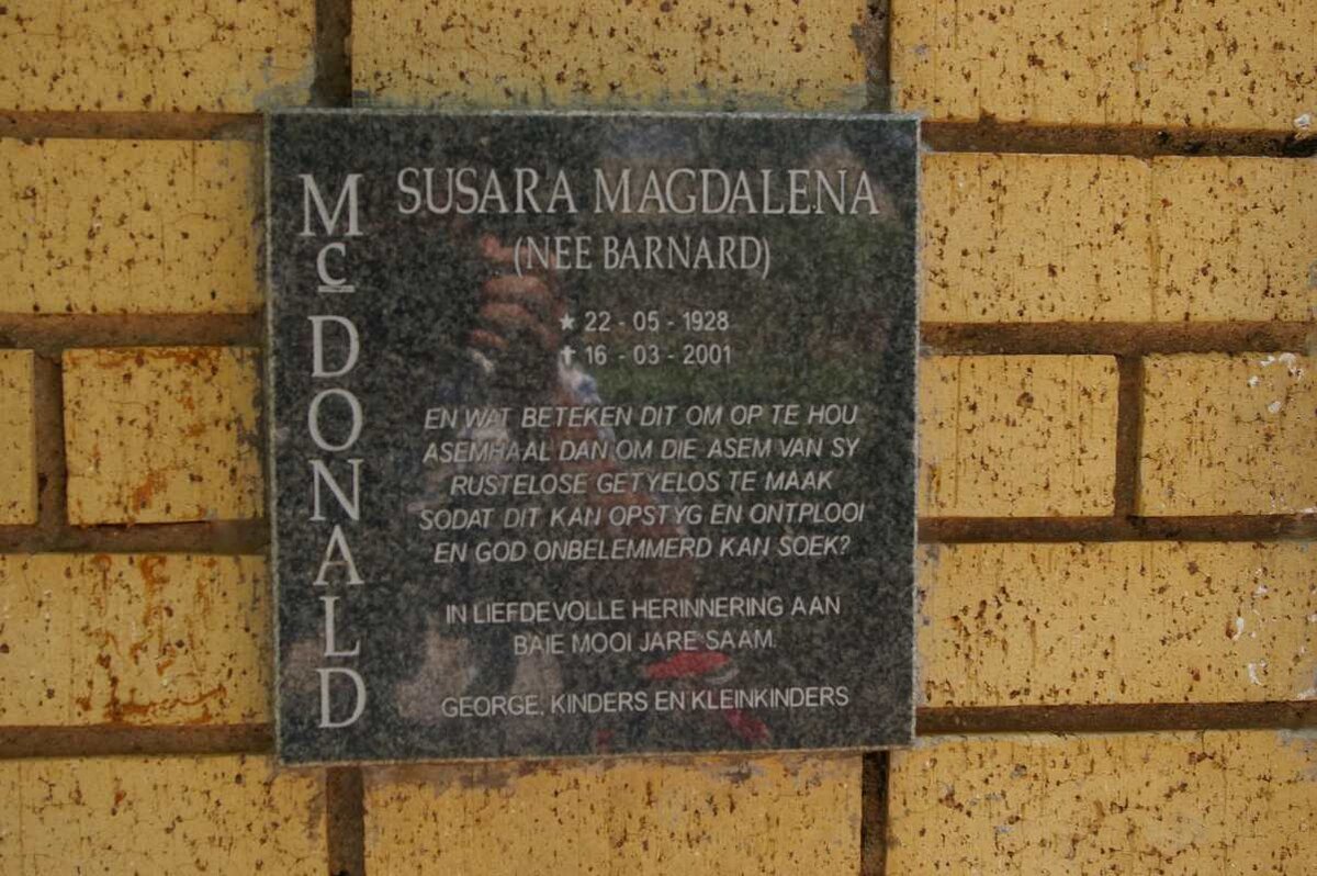 McDONALD Susara Magdalena nee BARNARD 1928-2001