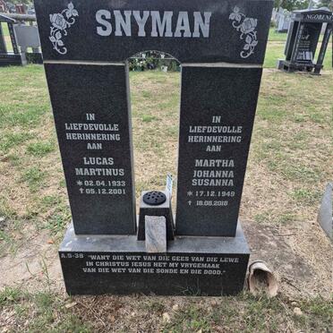 SNYMAN Lucas Martinus 1933-2001 & Martha Johanna Susanna 1949-2018