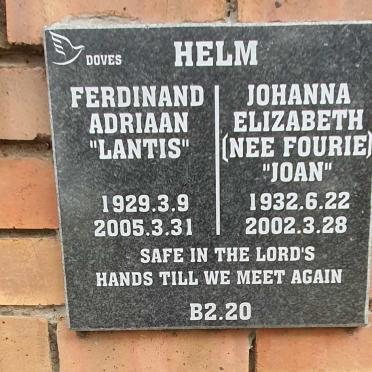 HELM Ferdinand Adriaan 1929-2005 & Johanna Elizabeth 1932-2002