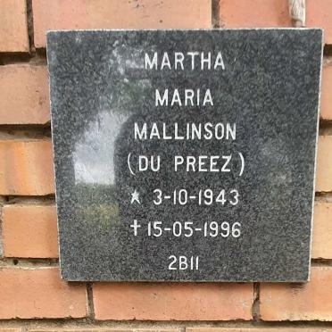 MALLINSON Martha Maria nee DU PREEZ 1943-1996
