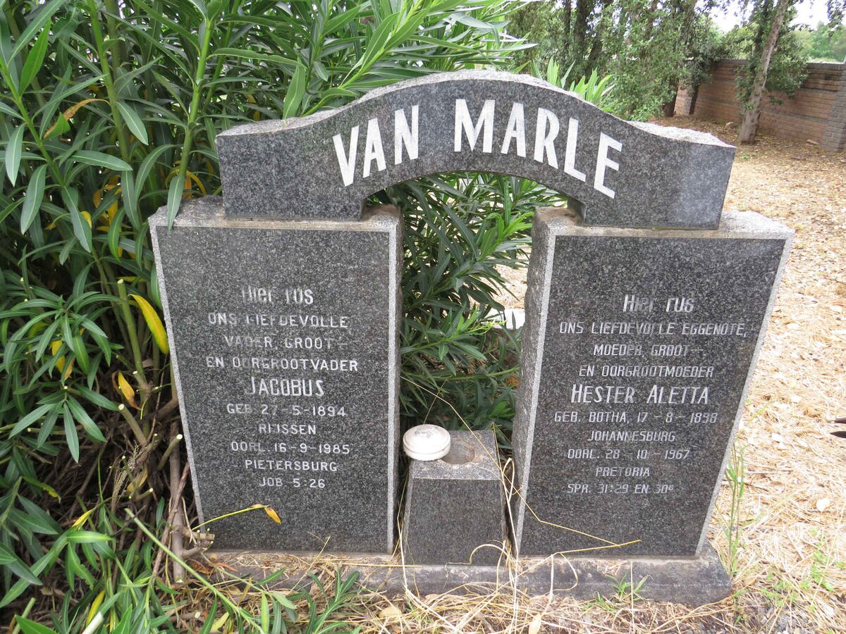 MARLE Jacobus, van 1894-1985 & Hester Aletta BOTHA 1898-1967