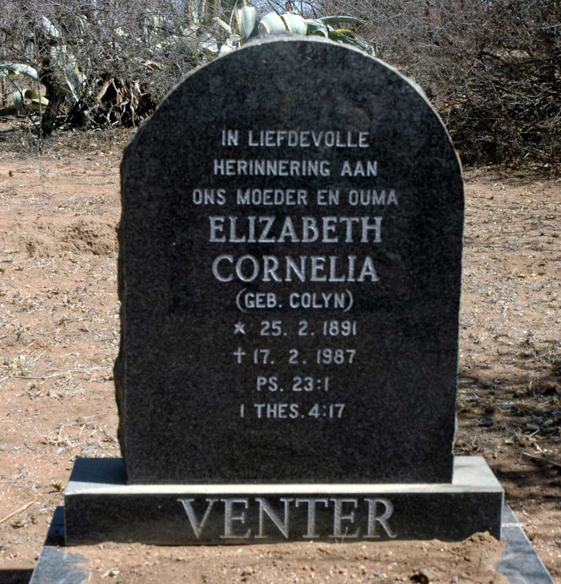 VENTER Elizabeth Cornelia nee COLYN 1891-1987