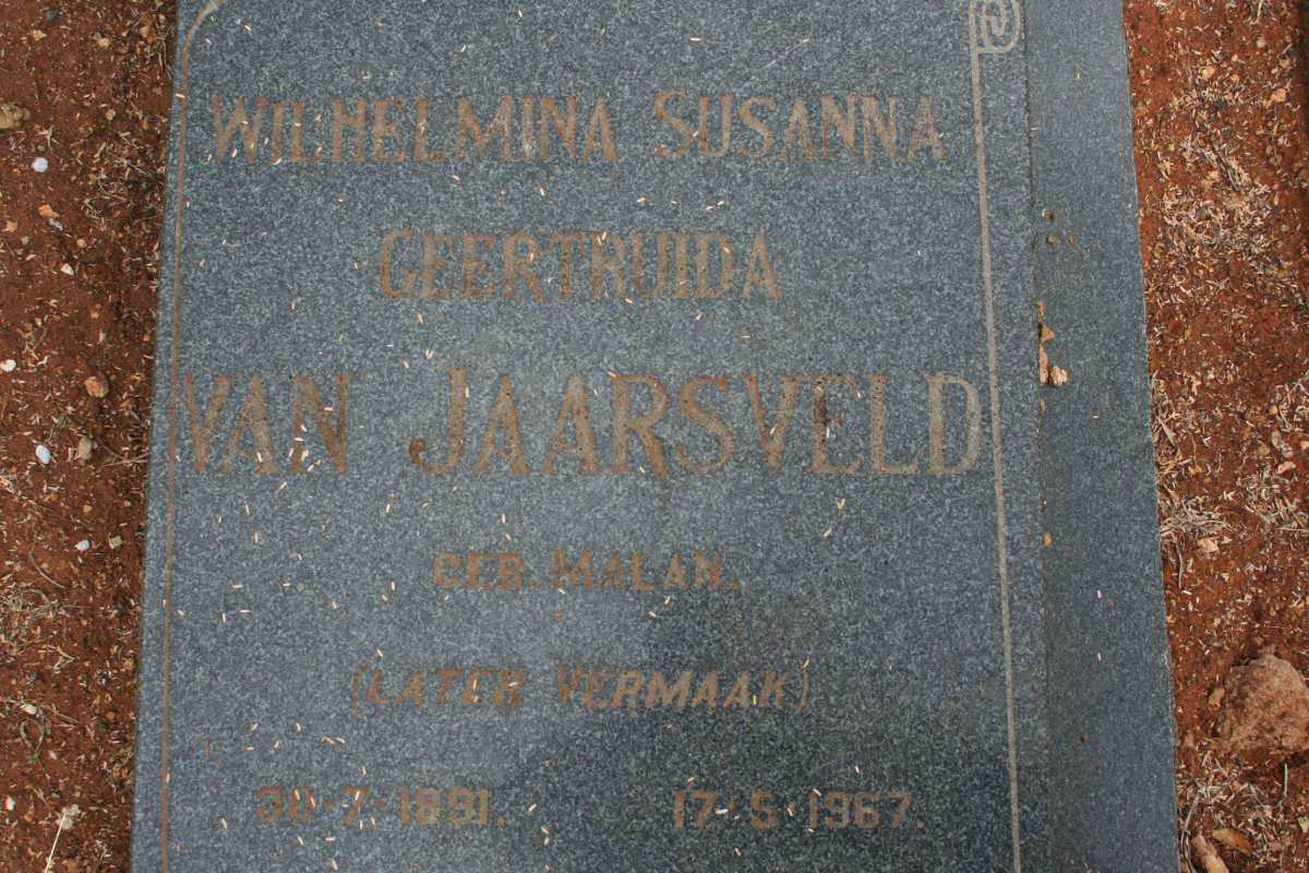 JAARSVELD Wilhelmina Susanna Geertruida, van formerly VERMAAK nee MALAN 1891-1967