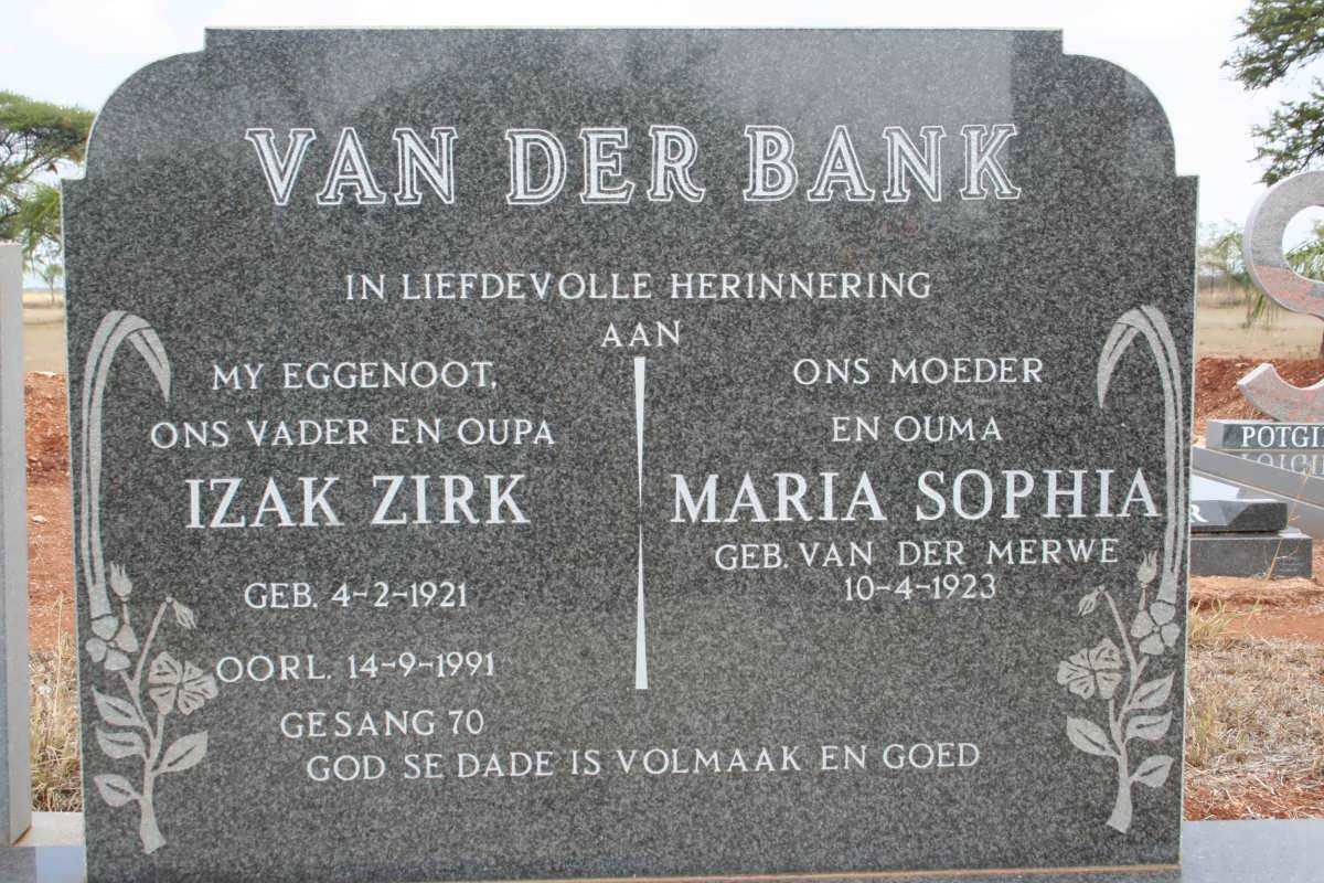 BANK Izak Zirk, van der 1921-1991 &amp; Maria Sophia VAN DER MERWE 1923-