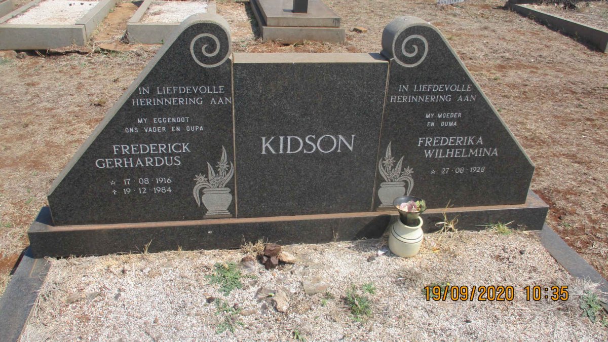 KIDSON Frederick Gerhardus 1916-1984 &amp; Frederika Wilhelmina 1928-