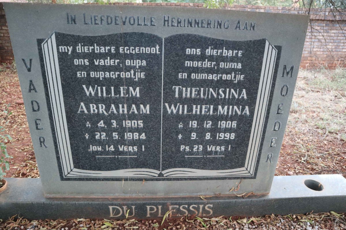 PLESSIS Willem Abraham, du 1905-1984 &amp; Theunsina Wilhelmina 1906-1998