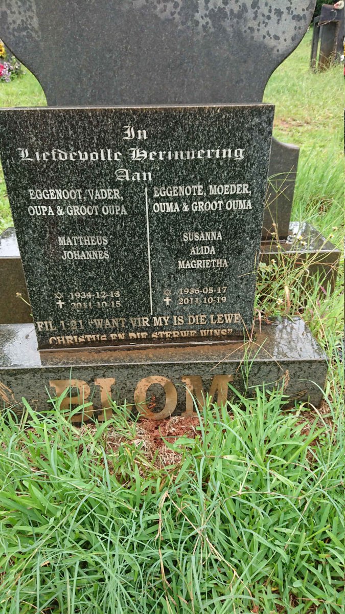 BLOM Mattheus Johannes 1934-2011 &amp; Susanna Alida Magrietha 1936-2011