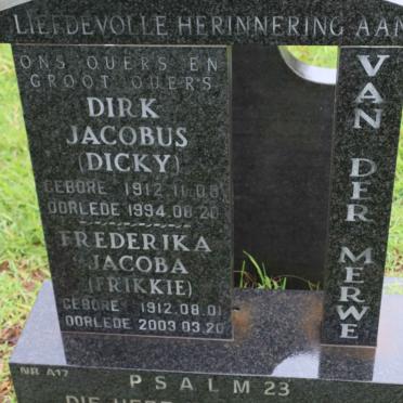 MERWE Dirk Jacobus, van der 1912-1994 &amp; Frederika Jacoba 1912-2003