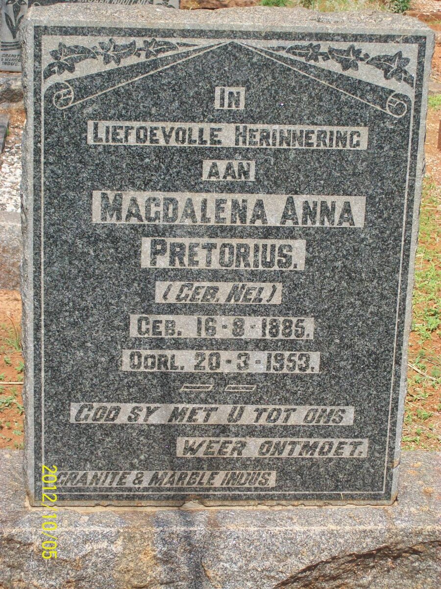 PRETORIUS Magdalena Anna nee NEL 1885-1953