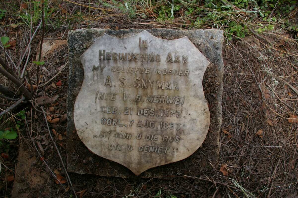 SNYMAN A.S. nee V.D.MERWE 1873-1893