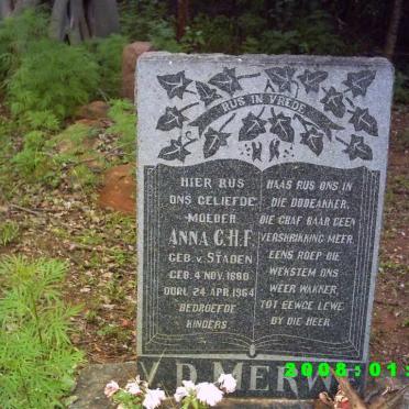 MERWE Anna C.H.F., van der née VAN STADEN 1880-1964