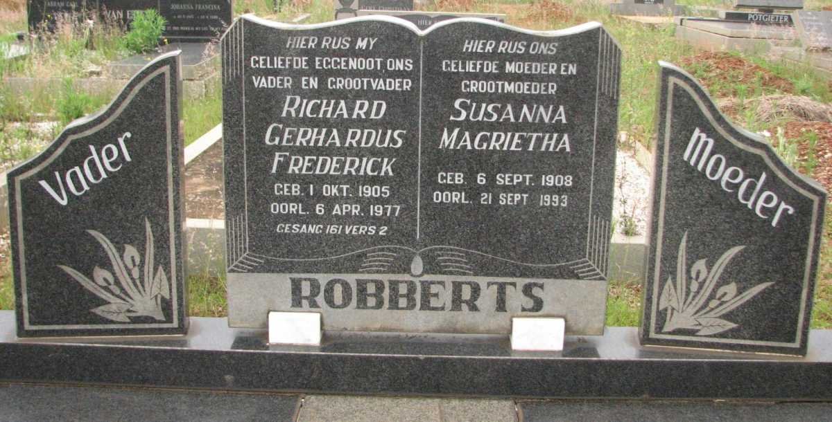 ROBBERTS Richard Gerhardus Frederick 1905-1977 &amp; Susanna Magrietha 1908-1993