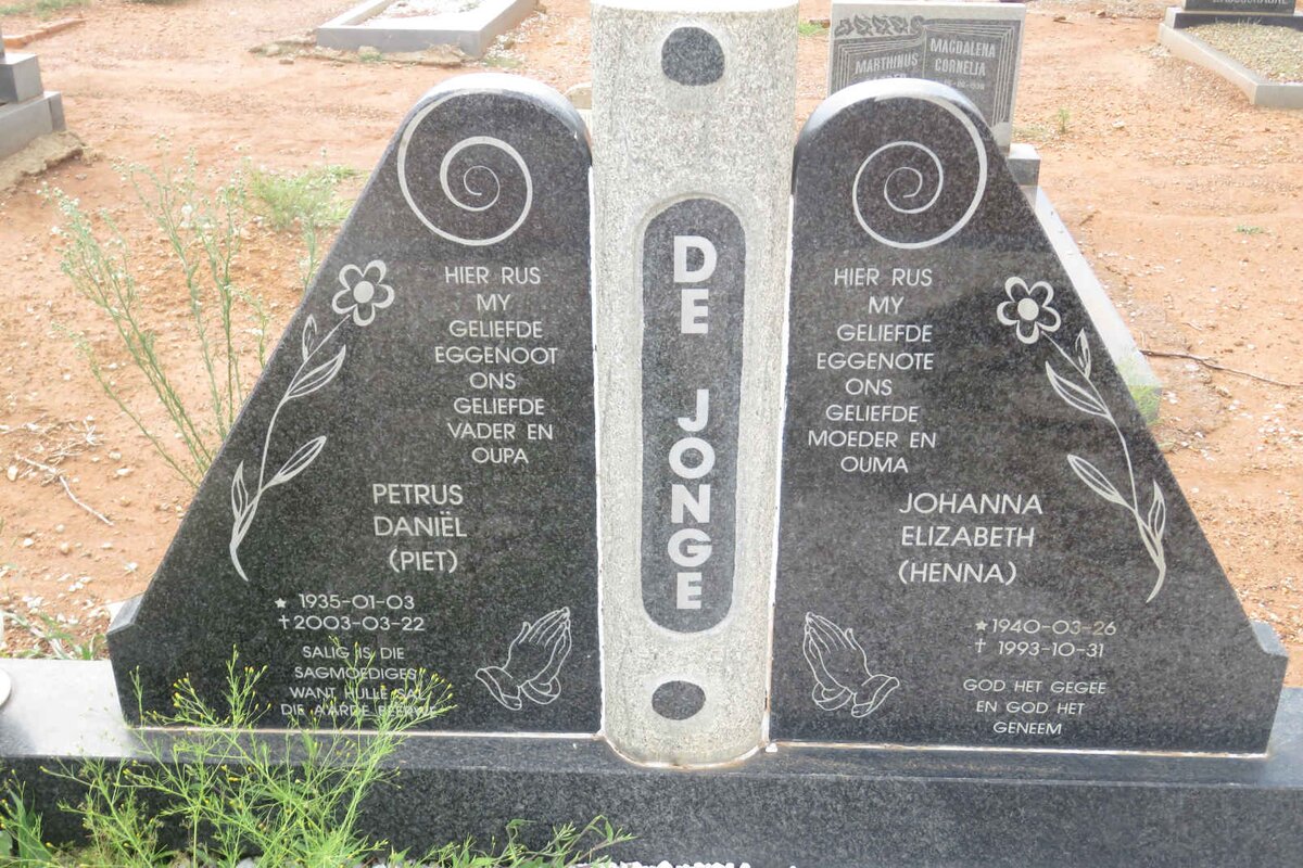 JONGE Petrus Daniel, de 1935-2003 &amp; Johanna Elizabeth 1940-1993
